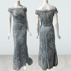 Ignite Evenings Silver Gray Off Shoulder Embellished Gown